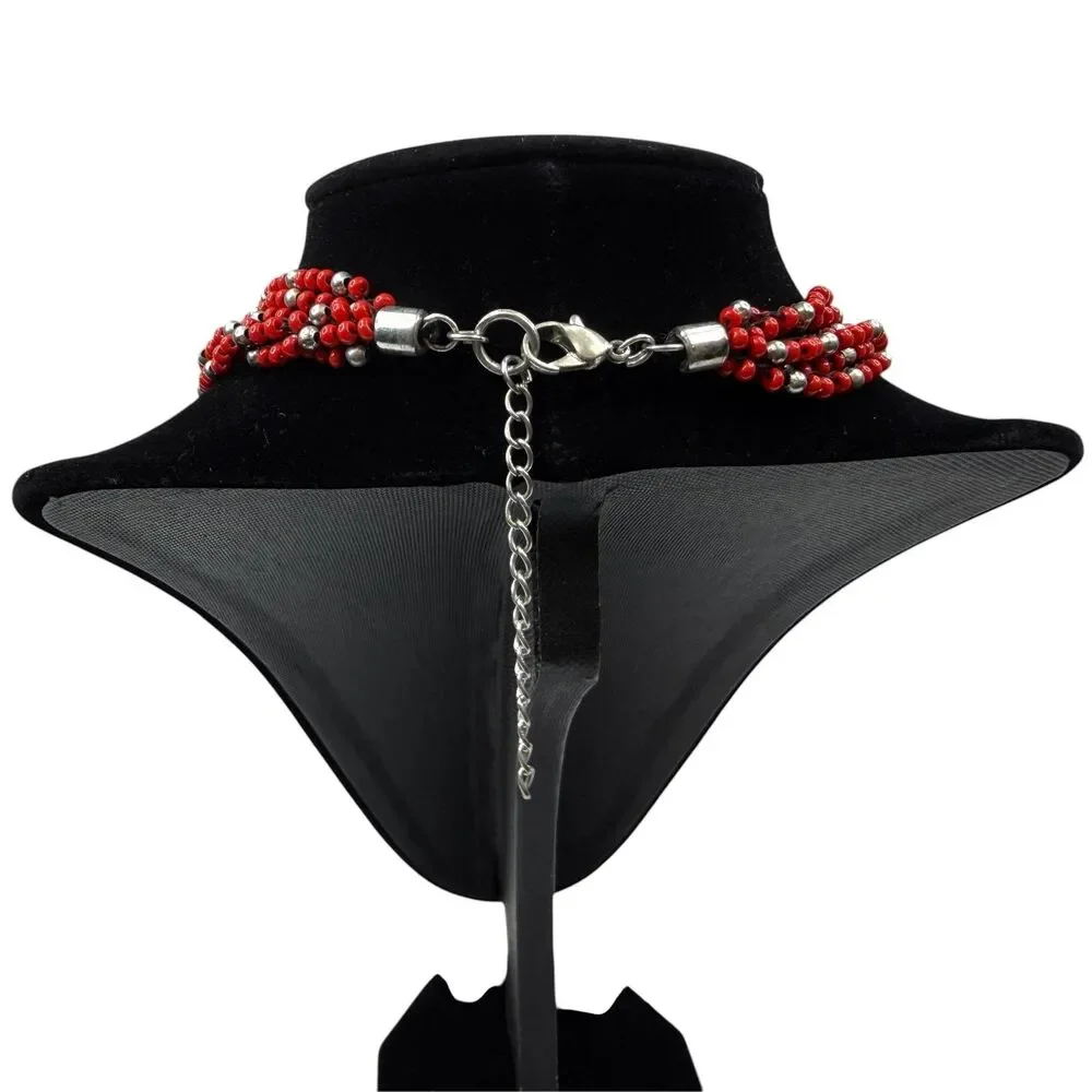 Multi-Strand Red & Silver Beaded Statement Necklace Fashion Jewelry 18